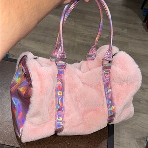 Justice Pink Faux Fur Shoulder Bag with Iridescent Details